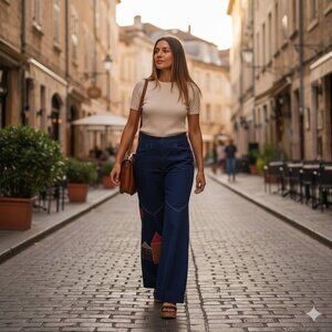 vintage high waist jeans SKIVA indigo denim pants with houses stitched on